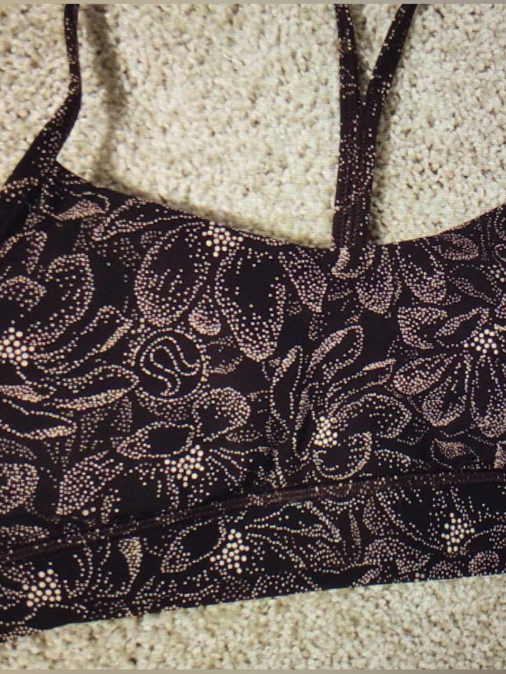 lululemon athletica black sports bra with rose-gold dot floral print